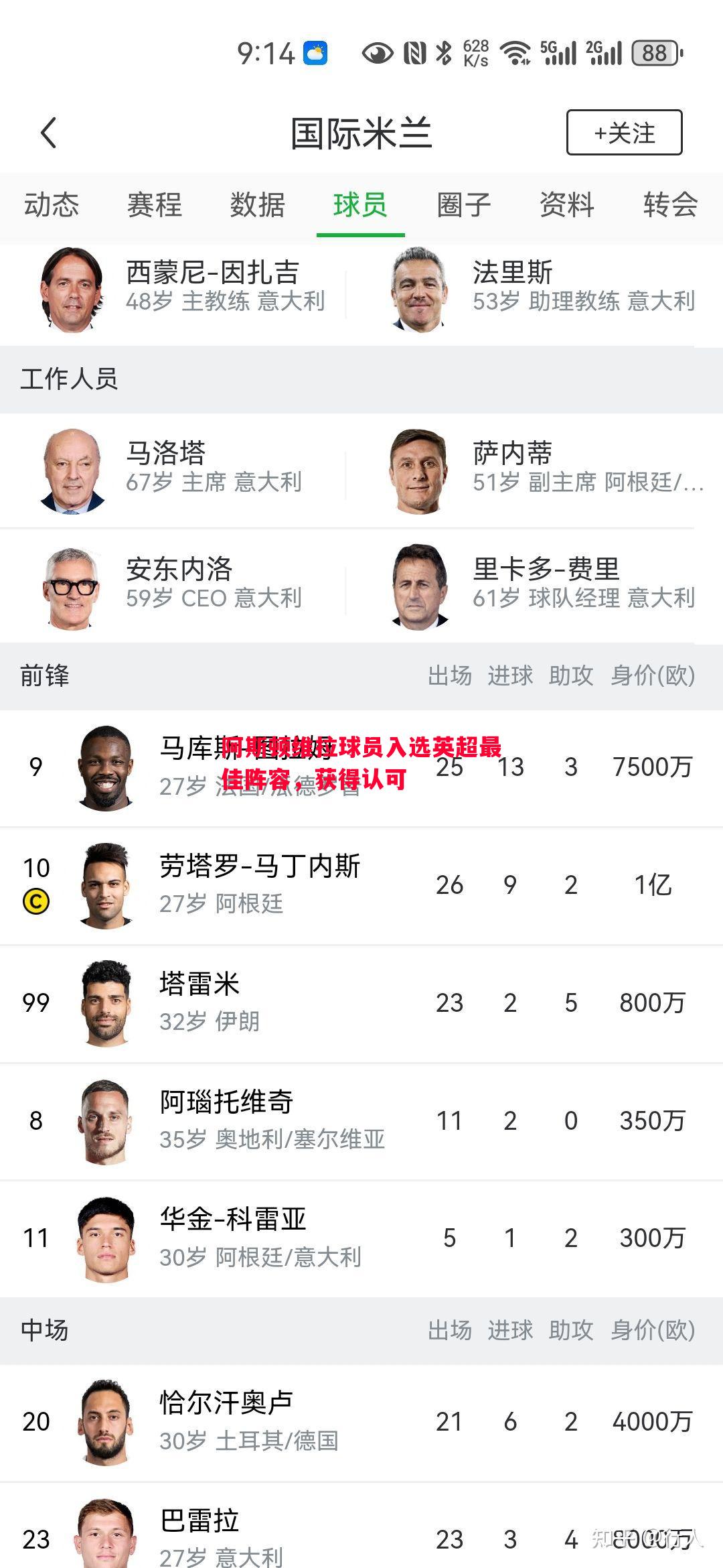 阿斯顿维拉球员入选英超最佳阵容，获得认可